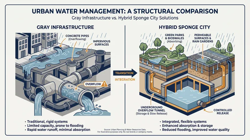 While green infrastructure handles routine rain, hybrid systems use engineered tunnels as a fail-safe for mega-storms.