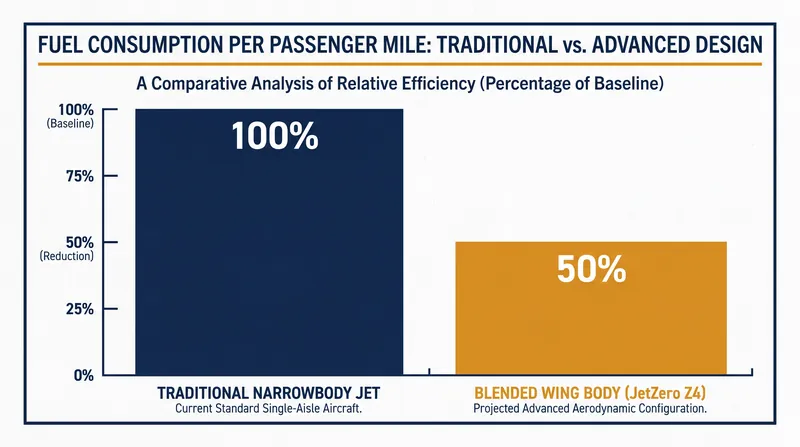 Developers project that the aerodynamic efficiency of the BWB shape could cut fuel consumption in half compared to current aircraft.