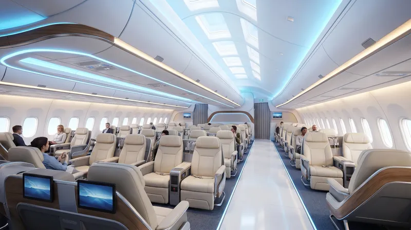 The wide fuselage of a BWB aircraft allows for theater-like seating arrangements and significantly wider aisles.