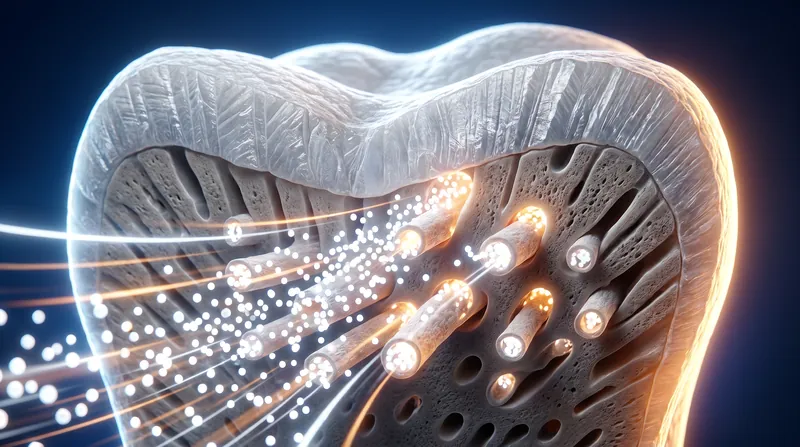 Nano-hydroxyapatite particles are small enough to physically block exposed dentin tubules, providing permanent relief from hypersensitivity.