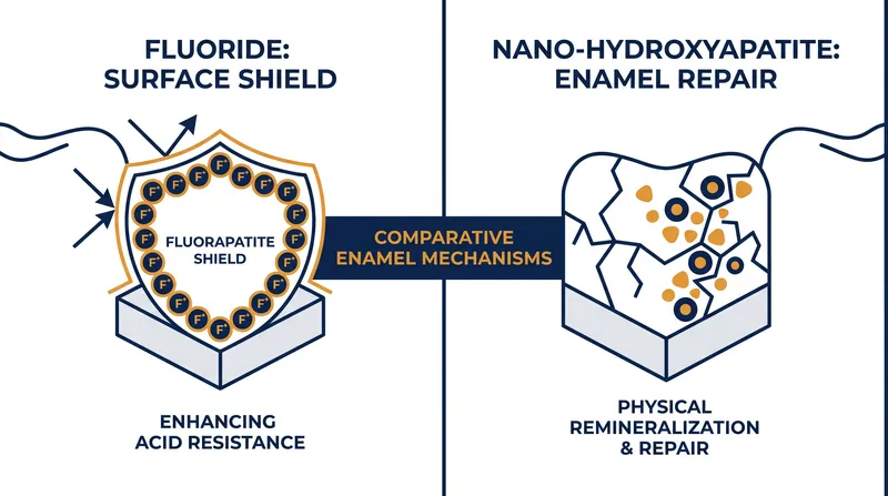 While fluoride chemically alters the surface to resist acid, nano-hydroxyapatite physically rebuilds the lost mineral structure.