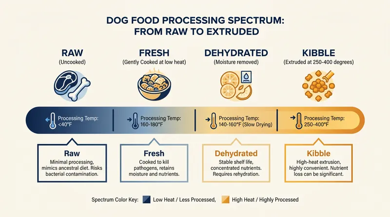 The spectrum of commercial dog food processing, from raw to highly extruded.