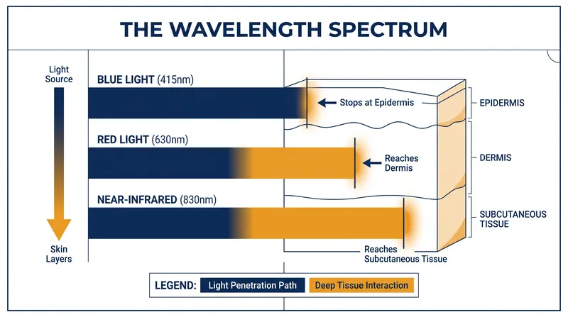 Different wavelengths of light penetrate the skin at varying depths to target specific dermatological concerns.