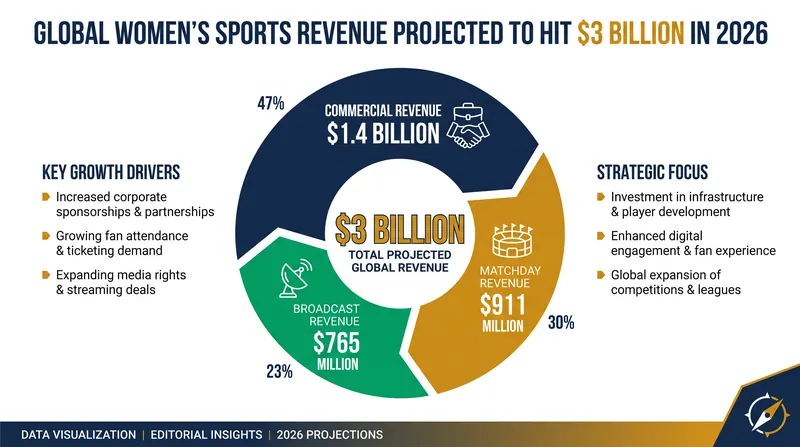 Commercial sponsorships remain the largest driver of the projected $3 billion global revenue in 2026.