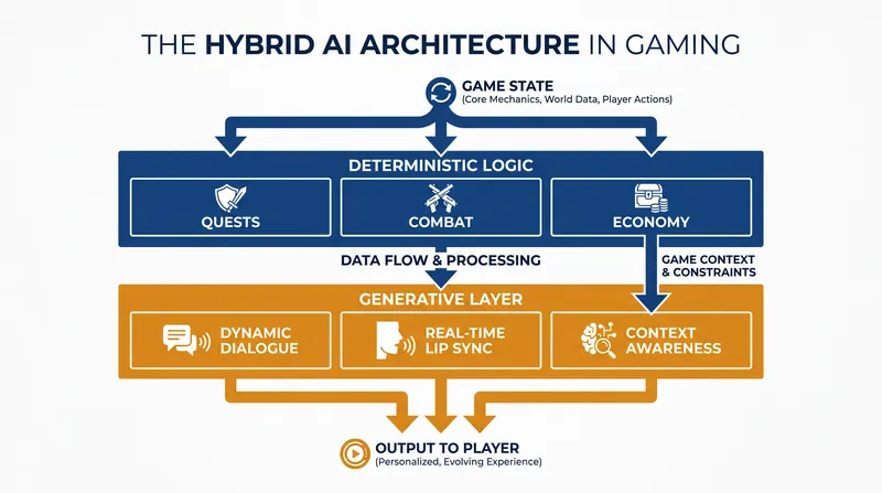 Hybrid AI separates critical game logic from conversational flavor, preventing AI hallucinations from breaking the game.