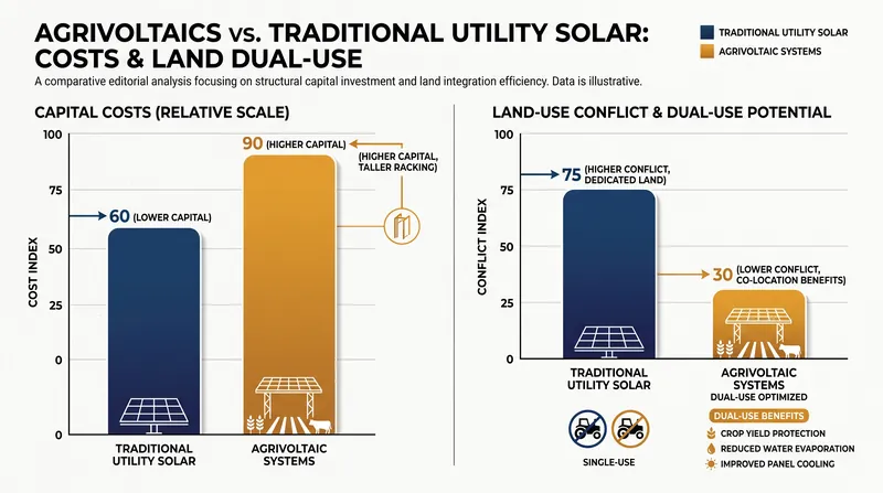 Agrivoltaic systems require higher upfront capital for elevated racking but preserve agricultural revenue.