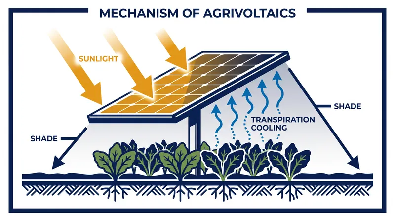 The synergistic cooling effect of plant transpiration improves solar panel efficiency.