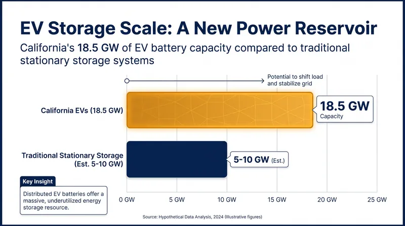 California's EV fleet now holds more potential storage capacity than the state's utility-scale batteries.
