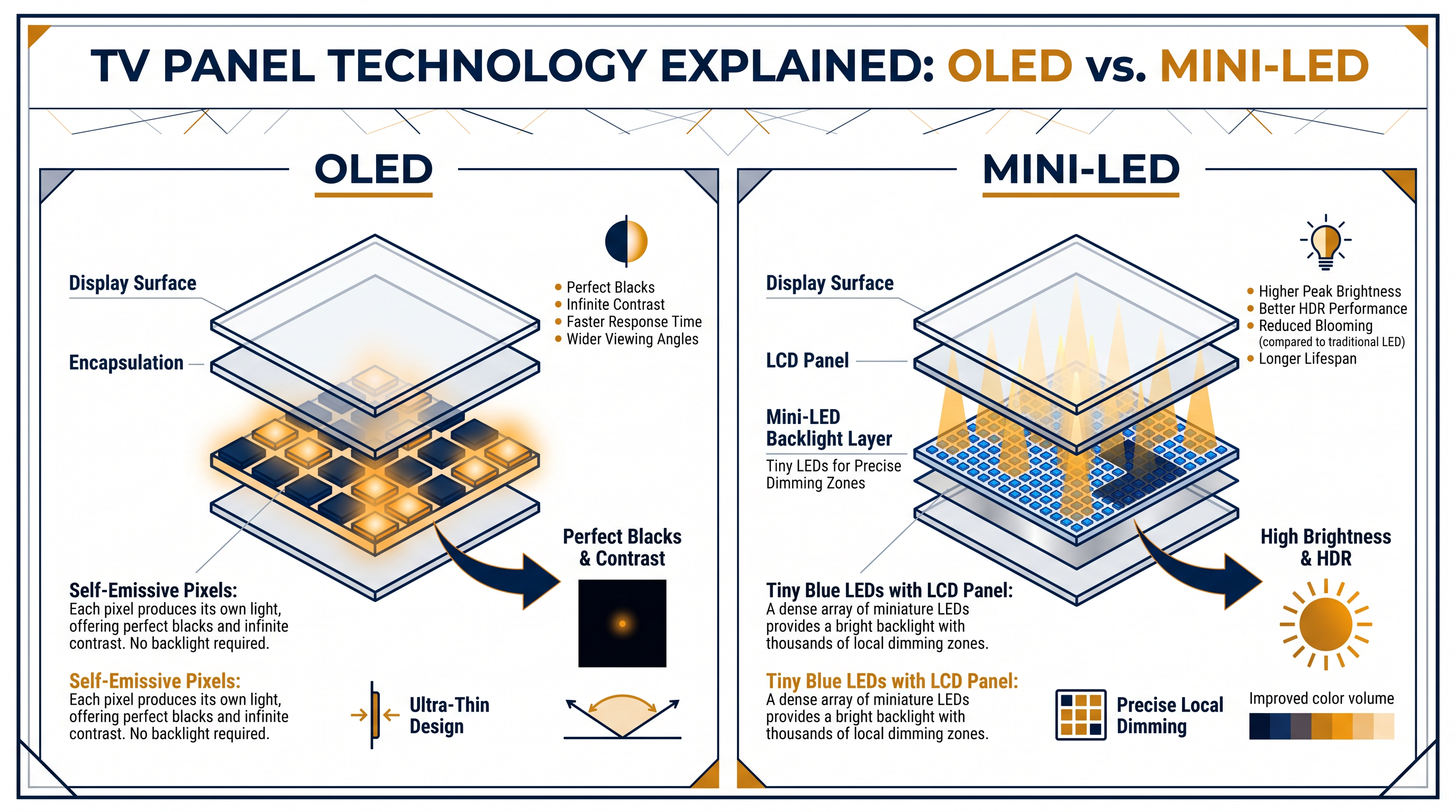 OLED pixels generate their own light, while Mini-LEDs rely on a highly controlled backlight system.