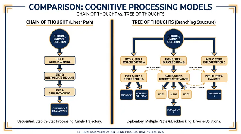 While Chain of Thought follows a single linear path, Tree of Thoughts allows the AI to explore multiple branches and backtrack.