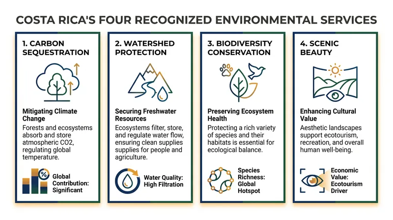 The four quantifiable ecosystem services that Costa Rica pays landowners to protect.