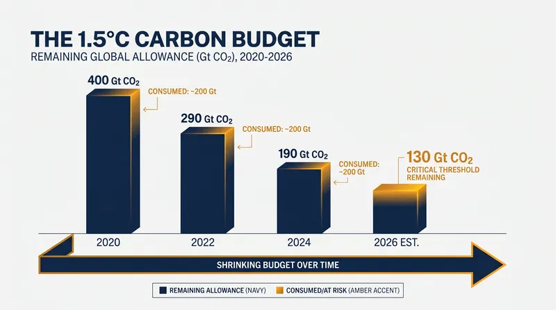 The remaining carbon budget to limit warming to 1.5°C is projected to be exhausted in approximately three years.