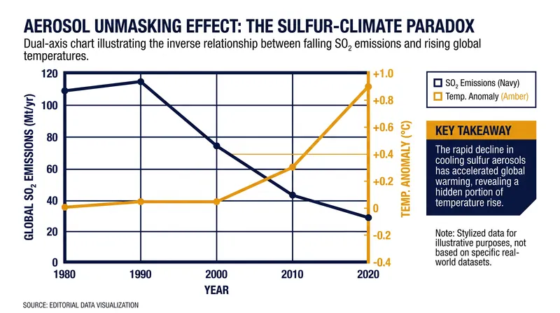 As sulfur dioxide pollution falls, its cooling effect diminishes, unmasking the true warming impact of greenhouse gases.