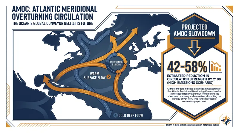 The Atlantic Meridional Overturning Circulation (AMOC) is weakening, threatening to disrupt global weather patterns.