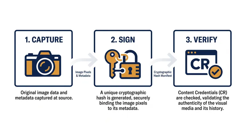 How Content Credentials cryptographically bind metadata to an image file.