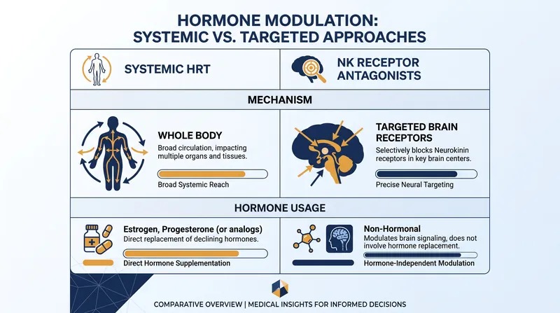 Unlike traditional hormone replacement therapy, NK receptor antagonists target specific neurological pathways without introducing systemic estrogen.