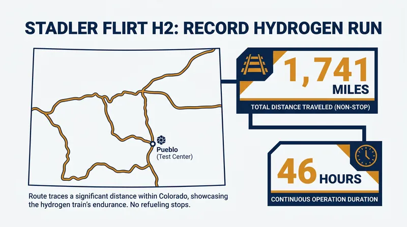 In 2024, a Stadler hydrogen train set a world record by traveling 1,741 miles on a single tank.