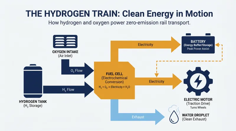 Hydrogen fuel cells generate electricity on board, charging a battery that powers the train's motors.