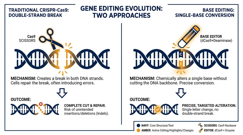 Unlike CRISPR's 'scissors,' base editors chemically convert a single DNA letter while leaving the strand intact.