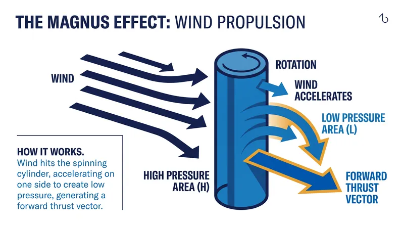 Rotor sails spin to create a pressure differential, generating a powerful aerodynamic lift that pushes the ship forward.