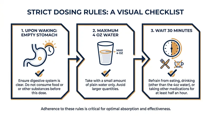 The oral formulation requires strict adherence to a daily morning fasting protocol.