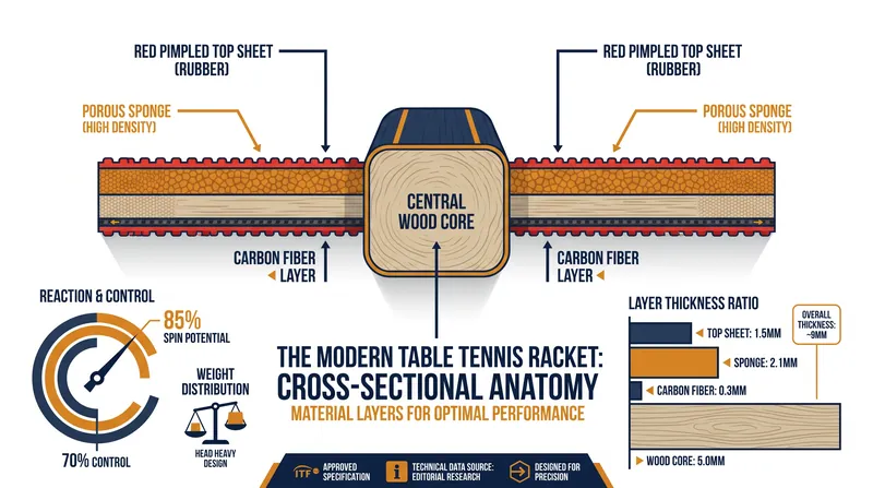The anatomy of a composite blade: carbon fiber layers provide stiffness while the tensioned sponge provides catapult force.