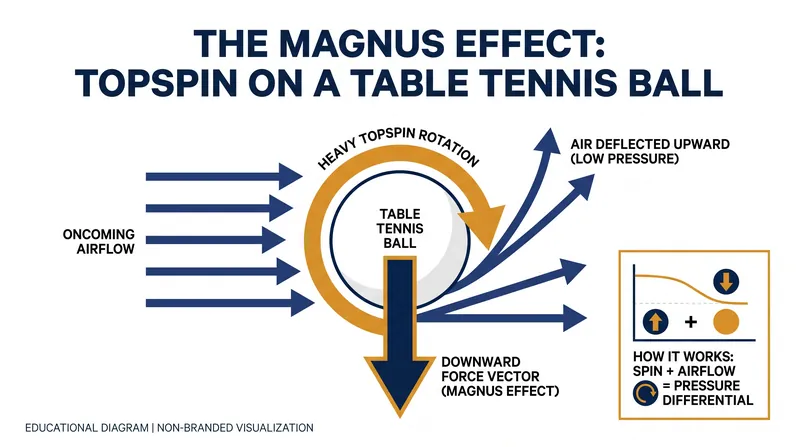 The Magnus effect: Topspin creates a pressure differential that forces the ball to dive sharply onto the table.