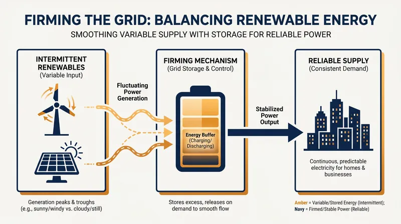 Firming the grid involves pairing intermittent renewables with storage to ensure a constant power supply.