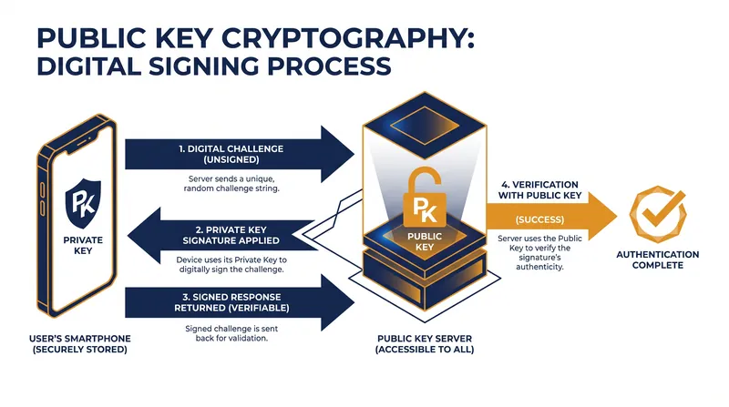 How passkeys use public and private keys to authenticate without sharing secrets.