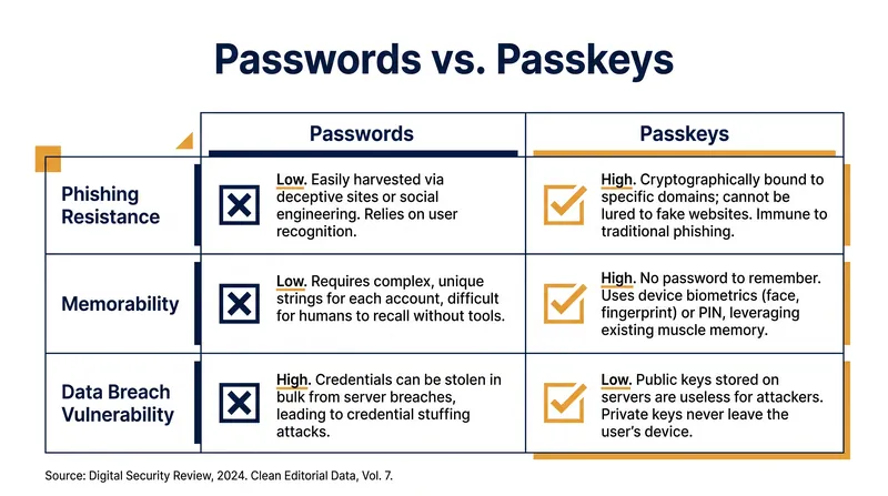 Passkeys eliminate the vulnerabilities associated with traditional shared secrets.