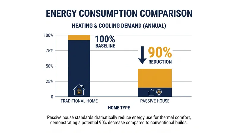 Passive Houses can reduce heating and cooling energy demand by up to 90 percent compared to standard construction.