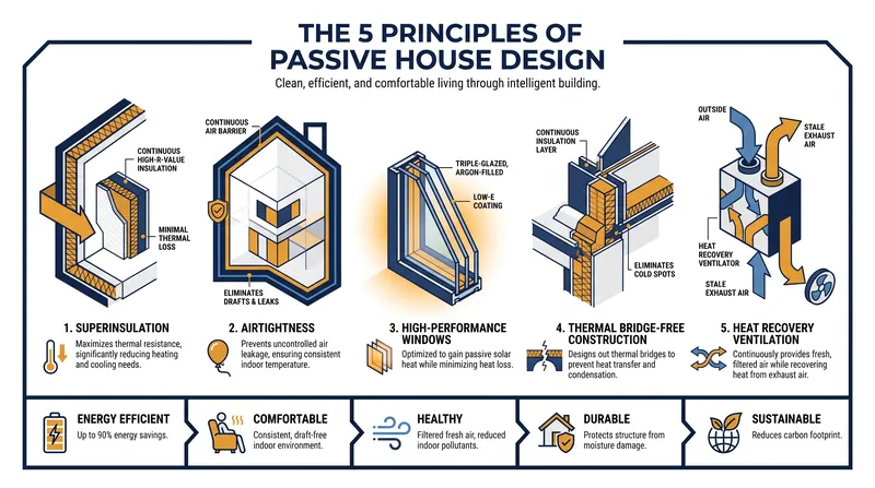 The five core principles that make up the Passivhaus standard.