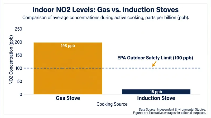 A Columbia University study found that gas stoves routinely push indoor NO2 levels well past outdoor safety limits.