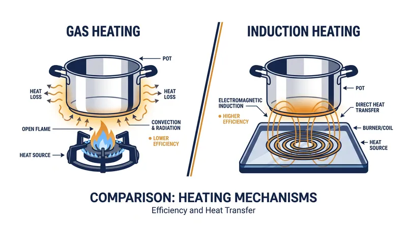 While gas loses over half its heat to the surrounding air, induction turns the pan itself into the heat source.