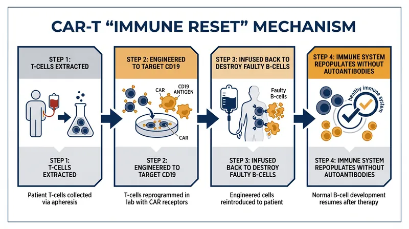 How CAR-T therapy engineers the body's own immune cells to target the root cause of lupus.