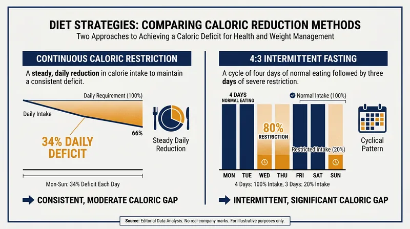 How the two primary weight-loss strategies achieve an energy deficit over a typical week.