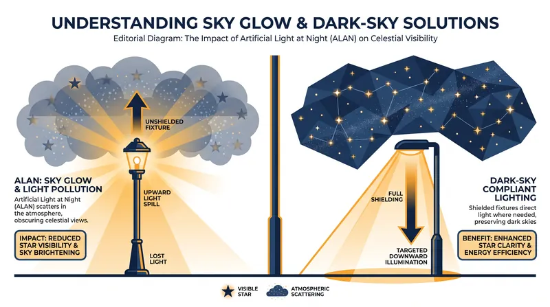 Unshielded artificial light scatters in the atmosphere to create sky glow, which washes out the visibility of the stars.