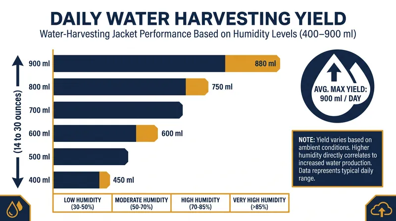 Depending on ambient humidity, the jacket can produce up to 900 milliliters of drinkable water per day.