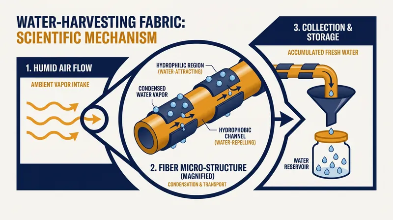 The fabric uses alternating hydrophilic and hydrophobic patterns to condense vapor and funnel it into collection units.