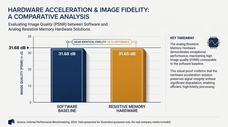 Despite using analog components, the hardware-aware quantization ensures the chip's output quality matches digital software baselines.