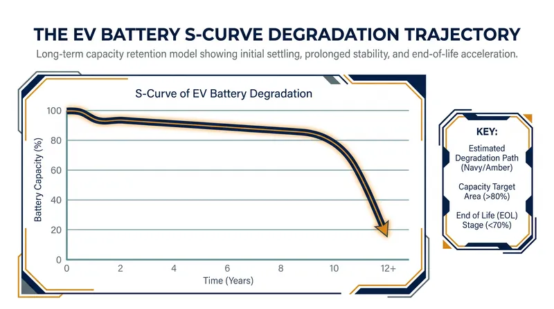The S-Curve of degradation: batteries experience a slight initial drop before settling into a long, stable plateau.