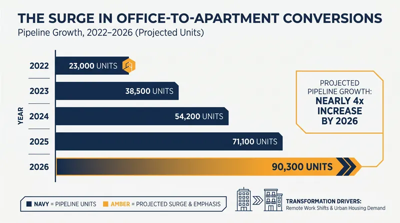 The national pipeline for office-to-residential conversions has nearly quadrupled since 2022.