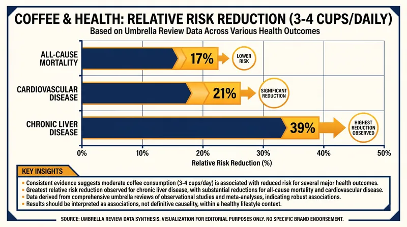 Umbrella reviews indicate that moderate coffee consumption is associated with significant reductions in chronic disease risk.