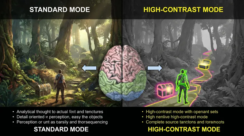 High-contrast modes mute background environments to help players with low vision identify critical elements.