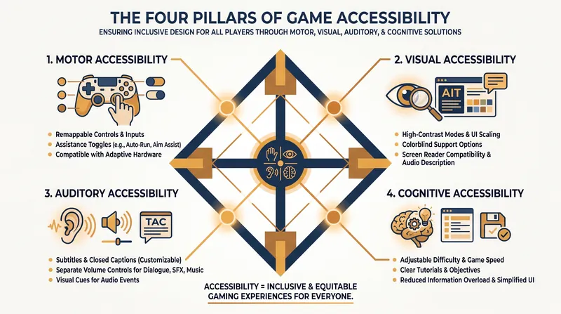 Comprehensive accessibility design addresses barriers across four primary pillars.