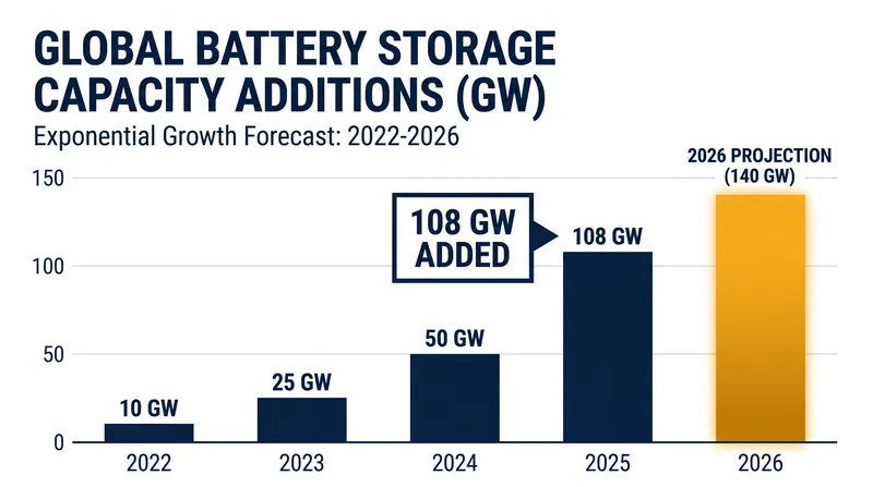 Global battery storage capacity additions reached a record 108 GW in 2025.