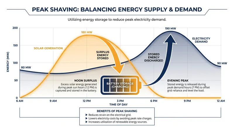 How batteries solve intermittency by shifting midday solar power to the evening demand peak.