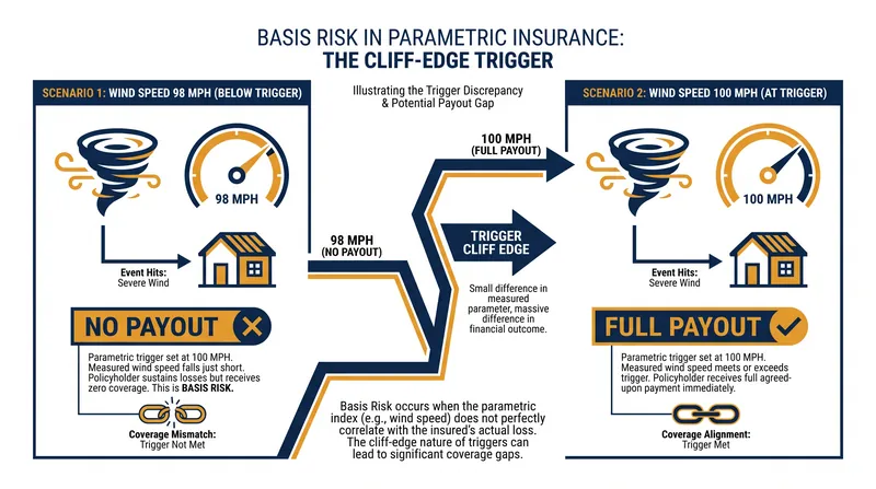 Basis risk remains the primary drawback of parametric models, where slight data misses can result in zero coverage.