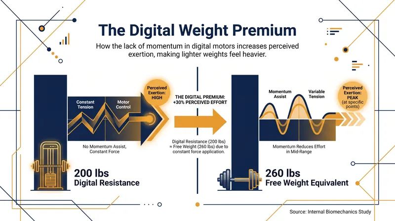 Because digital motors eliminate momentum, the perceived exertion is significantly higher than traditional free weights.