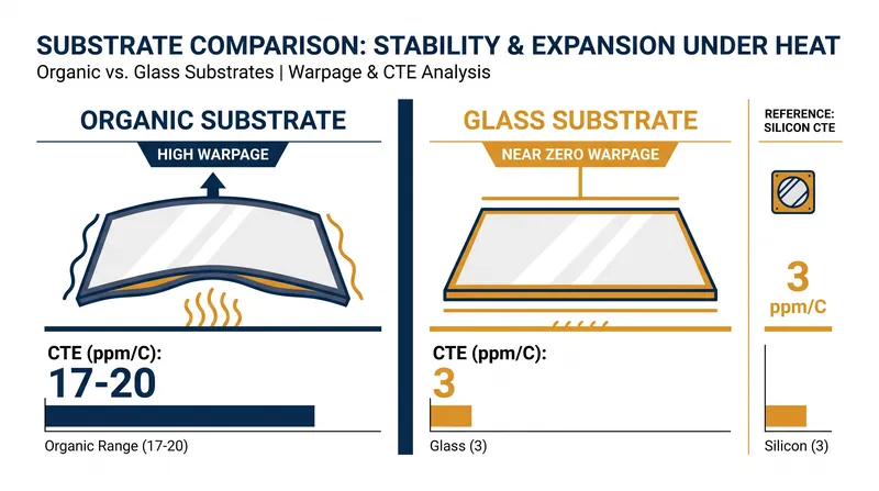 Glass matches the thermal expansion rate of silicon, preventing the package from warping under high temperatures.